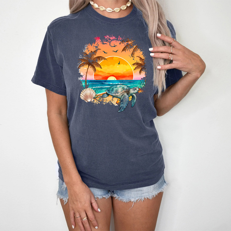 Tee Shirt Printed Lake Sunset Turtle FREE NAMEDROP