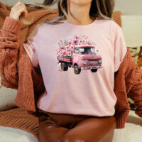 Tee Shirt Printed Beautiful Vintage Flower Truck Watercolor Pickup Truck Art #01