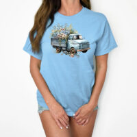 Tee Shirt Printed Beautiful Vintage Flower Truck Watercolor Pickup Truck Art #03