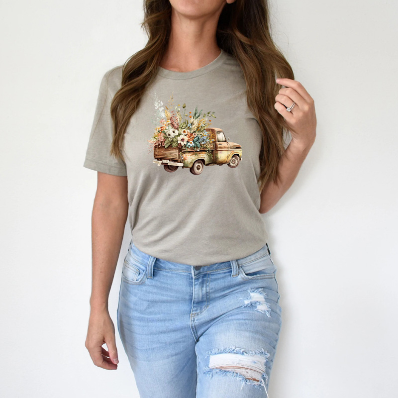 Tee Shirt Printed Beautiful Vintage Flower Truck Watercolor Pickup Truck Art #05