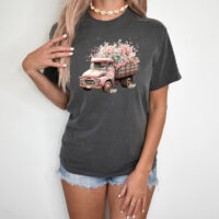 Tee Shirt Printed Beautiful Vintage Flower Truck Watercolor Pickup Truck Art #08