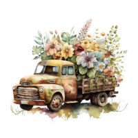 Tee Shirt Printed Beautiful Vintage Flower Truck Watercolor Pickup Truck Art #11