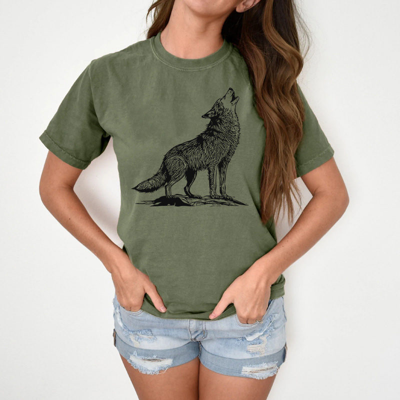 Tee Shirt Printed Sketch Monotone Wolf Art #05
