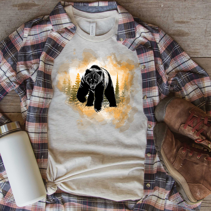 Tee Shirt Printed Beautiful Watercolor Art Bear in Orange Haze - Image 2