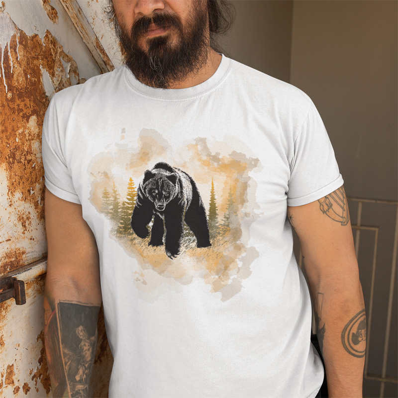 Tee Shirt Printed Beautiful Watercolor Art Bear in Orange Haze
