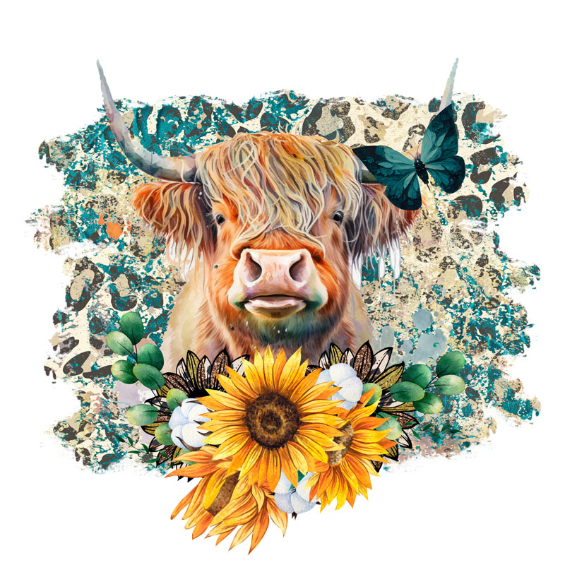 Tee Shirt Printed Beautiful Watercolor Art Highland Cow Yellow Sunflower - Image 2