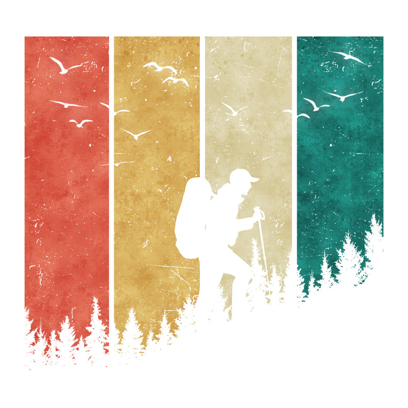 Tee Shirt Printed Outdoors Hiking Hiker Trees Silhouette 4 Colored Panels