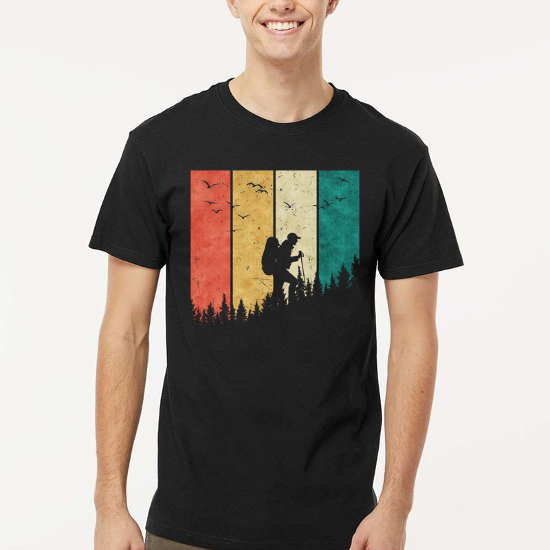 Tee Shirt Printed Outdoors Hiking Hiker Trees Silhouette 4 Colored Panels - Image 2