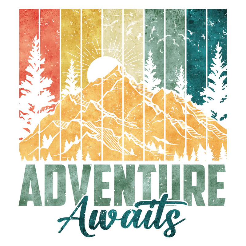 Tee Shirt Printed Outdoors Hiking Adventure Awaits Mountains Sun 5 Colored Panels - Image 3