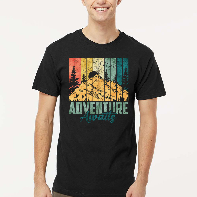 Tee Shirt Printed Outdoors Hiking Adventure Awaits Mountains Sun 5 Colored Panels - Image 2