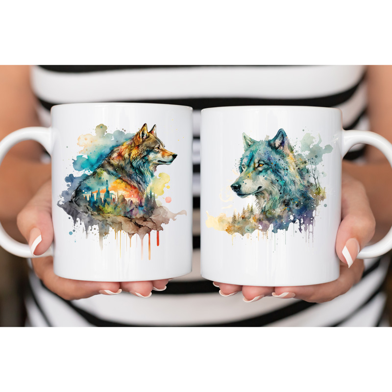 Ceramic Mug Printed Beautiful Watercolor Art Fierce Forest Wolves Pick Your Design 11oz Capacity - Image 4