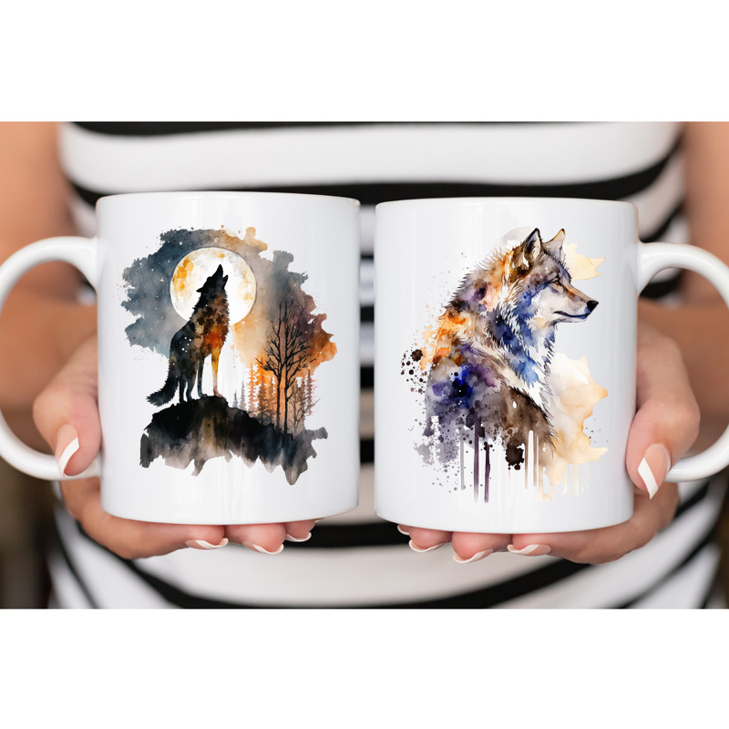Ceramic Mug Printed Beautiful Watercolor Art Fierce Forest Wolves Pick Your Design 11oz Capacity - Image 3