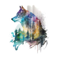 Tee Shirt Printed Beautiful Watercolor Art Fierce Forest Wolves #04