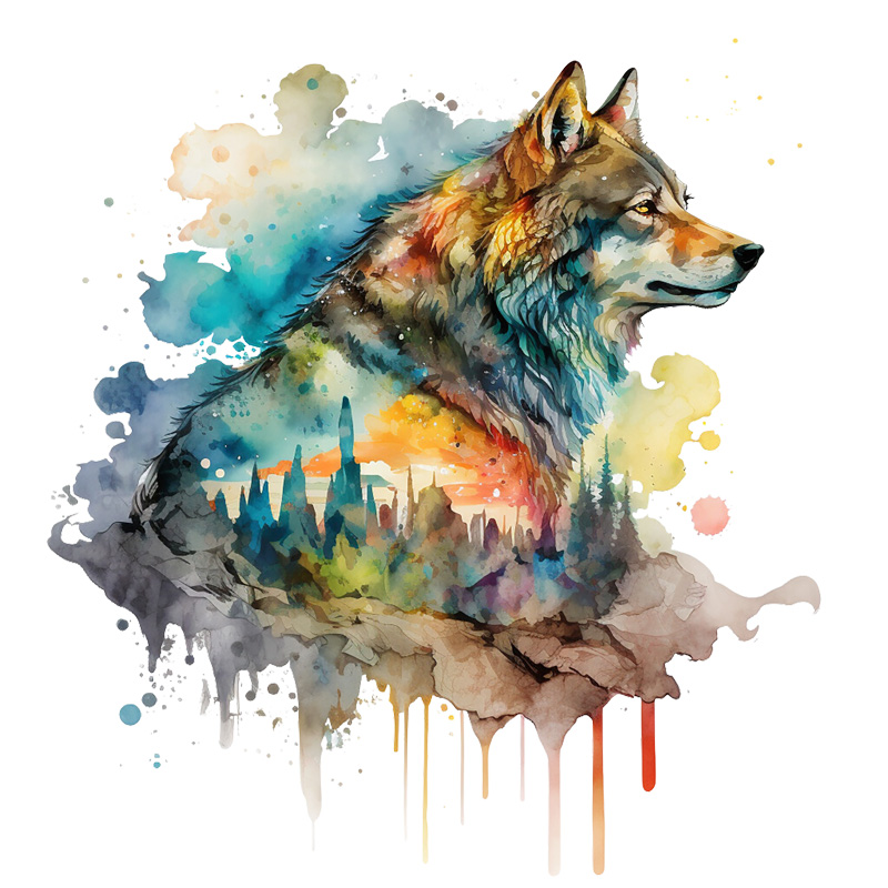 Tee Shirt Printed Beautiful Watercolor Art Fierce Forest Wolves #11 - Image 2
