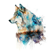Tee Shirt Printed Beautiful Watercolor Art Fierce Forest Wolves #19