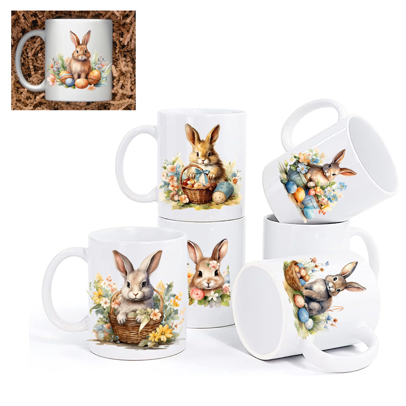 Ceramic Mug Printed 6 Designs WATERCOLOR ART EASTER BUNNIES 11oz Capacity