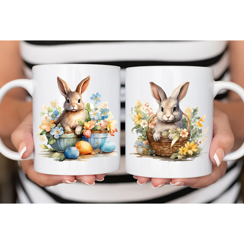 Ceramic Mug Printed 6 Designs WATERCOLOR ART EASTER BUNNIES 11oz Capacity - Image 3