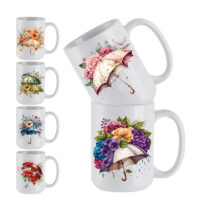 Ceramic Mug Printed 6 Designs WATERCOLOR ART FLORAL UMBRELLA 15oz Capacity