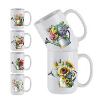 Ceramic Mug Printed 6 Designs WATERCOLOR ART FLORAL WATERING CAN 15oz Capacity
