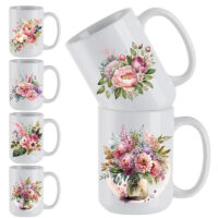 Ceramic Mug Printed 6 Designs WATERCOLOR ART PASTEL BOUQUET 15oz Capacity