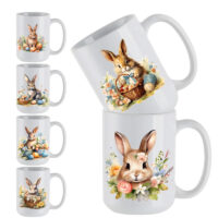 Ceramic Mug Printed 6 Designs WATERCOLOR ART EASTER BUNNIES 15oz Capacity