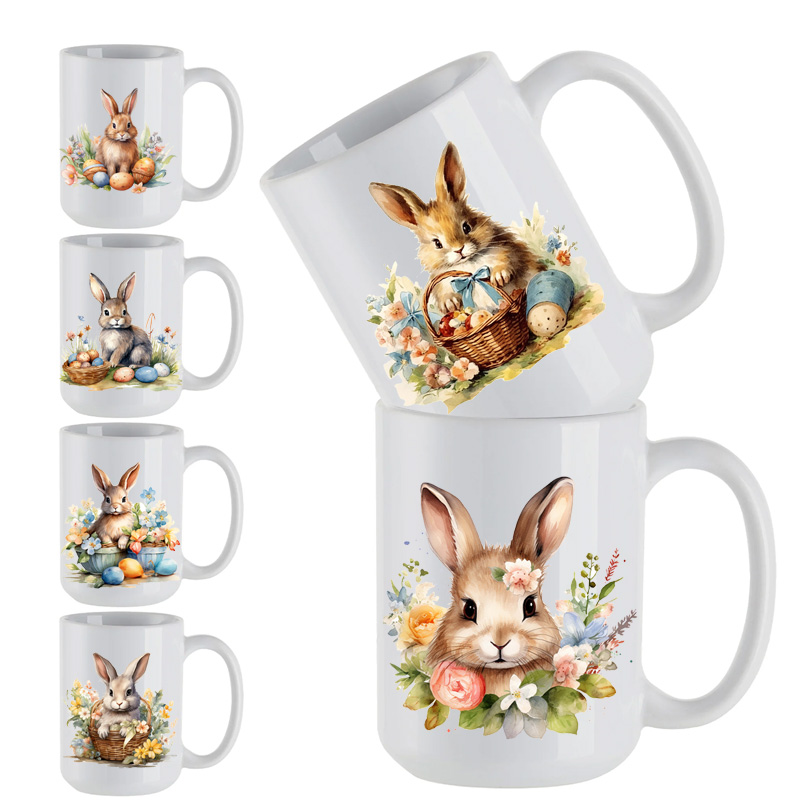 Ceramic Mug Printed 6 Designs WATERCOLOR ART EASTER BUNNIES 15oz Capacity