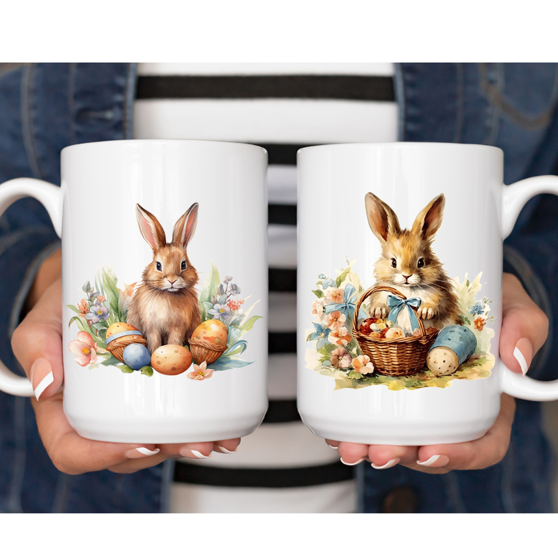 Ceramic Mug Printed 6 Designs WATERCOLOR ART EASTER BUNNIES 15oz Capacity - Image 2
