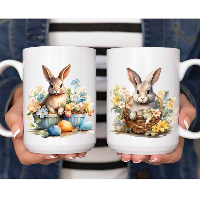 Ceramic Mug Printed 6 Designs WATERCOLOR ART EASTER BUNNIES 15oz Capacity - Image 3