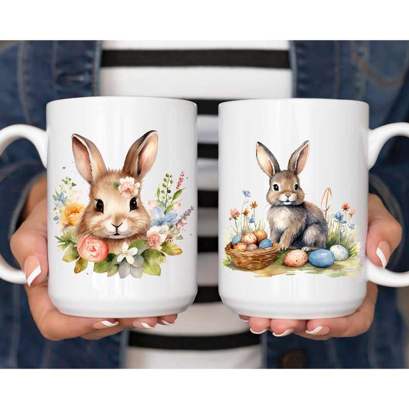 Ceramic Mug Printed 6 Designs WATERCOLOR ART EASTER BUNNIES 15oz Capacity - Image 5
