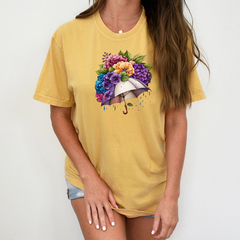 Tee Shirt Printed Beautiful Watercolour Art Floral Umbrella #03