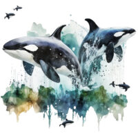 Tee Shirt Printed Marine Life Watercolour Art Killer Whale #01