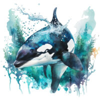 Tee Shirt Printed Marine Life Watercolour Art Killer Whale #03