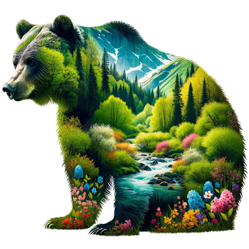 Tee Shirt Printed Adventure Outdoors Wildlife Silhouette Bear Mountains #04