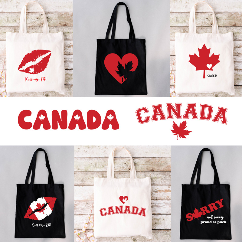15”W x 16”H 5oz Cotton Shopping Tote Black & Natural Mix PRINT-READY Canada True North Kiss My Eh Proud as Puck