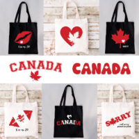 Alternative view of 15”W x 16”H 5oz Cotton Shopping Tote Black & Natural Mix PRINT-READY Canada True North Kiss My Eh Proud as Puck