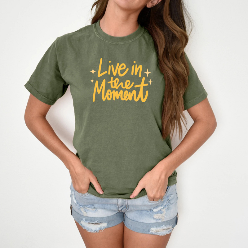 Tee Shirt Printed Pastel Coloured Quotes - Live In The Moment