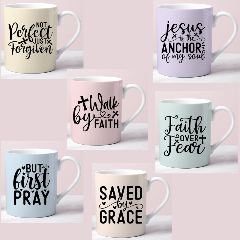 Ceramic Mug Printed 6 Designs Pastel Inspiring Faith Quotes Group B 11oz Capacity