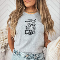 Tee Shirt Printed Black & White Religious Sayings Designs - Saved By Jesus Fueled By Coffee