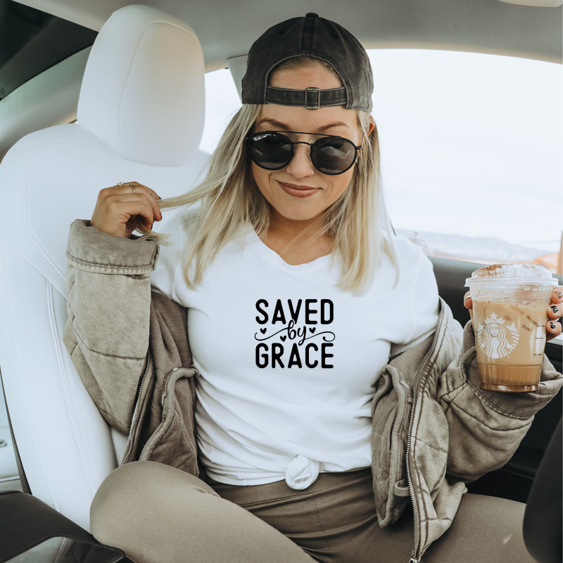 Tee Shirt Printed Black & White Religious Sayings Designs - Saved By Grace - Image 3