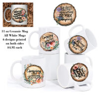 Ceramic Mug Printed 6 Designs OUTDOOR CAMPING Wood Slice with Flowers Group 11oz Capacity *minimum order 6 mugs* (order in increments of 6)
