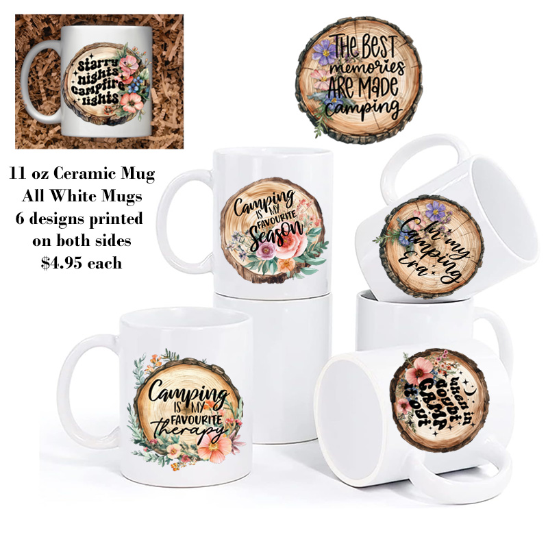 Ceramic Mug Printed 6 Designs OUTDOOR CAMPING Wood Slice with Flowers Group 11oz Capacity *minimum order 6 mugs* (order in increments of 6)