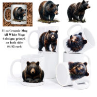 Ceramic Mug Printed 6 Designs WILDLIFE WOODLAND ANIMALS Majestic Black Bear Art 6 Designs Group 11oz Capacity *minimum order 6 mugs* (order in increments of 6)