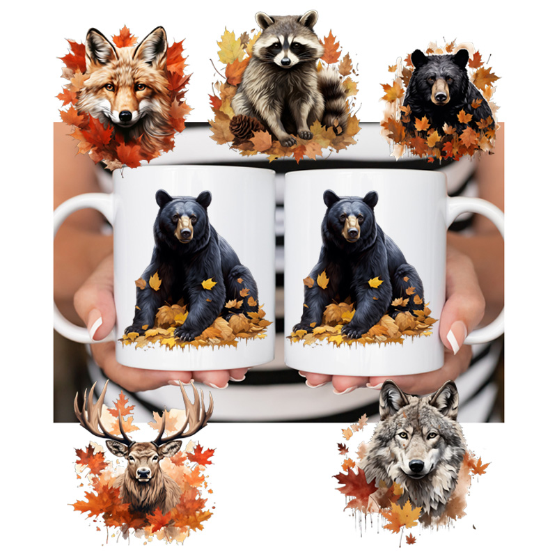 Ceramic Mug Printed 6 Designs WILDLIFE WOODLAND ANIMALS MAPLE LEAVES 6 Designs GROUP A 11oz Capacity *minimum order 6 mugs* (order in increments of 6)