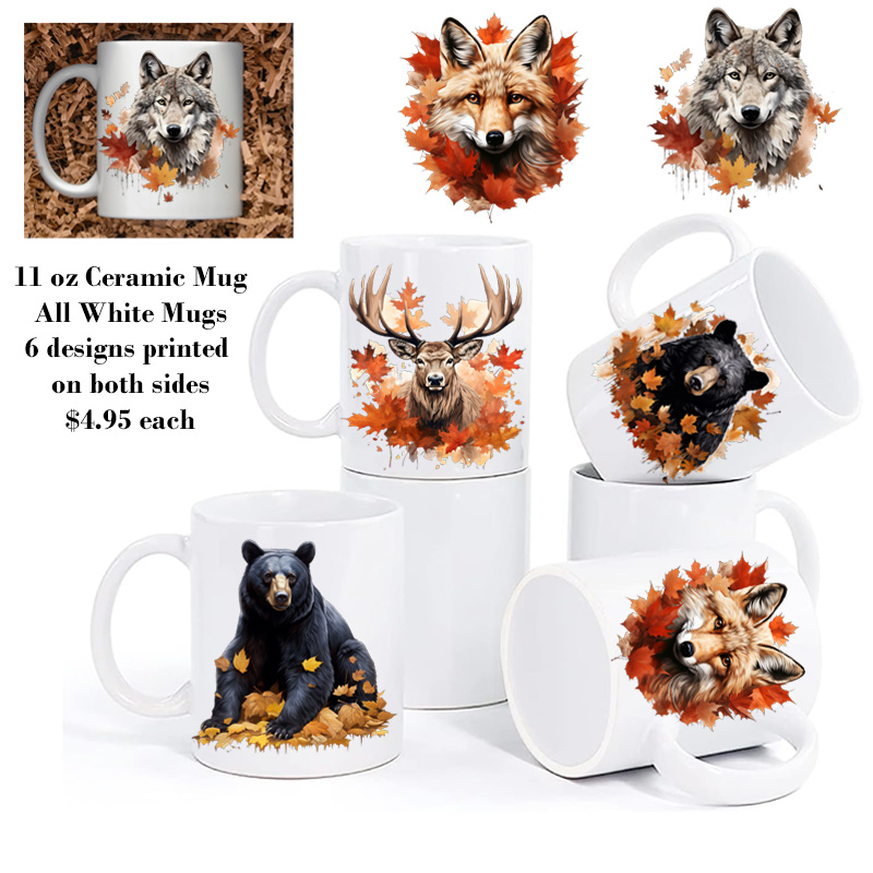 Ceramic Mug Printed 6 Designs WILDLIFE WOODLAND ANIMALS MAPLE LEAVES 6 Designs GROUP A 11oz Capacity *minimum order 6 mugs* (order in increments of 6) - Image 2