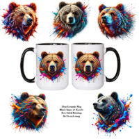 Ceramic Mug Printed 6 Designs WILDLIFE WOODLAND ANIMALS Splatter Paint Bear 6 Designs Group 15oz Capacity Black Inner & Handle *minimum order 6 mugs* (order in increments of 6)