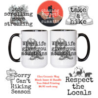 Ceramic Mug Printed 6 Designs OUTDOOR ADVENTURE Hiking Edgy Minimalist with Imagery 6 Designs SPECIAL ASSORTMENT Group A + B Mix 15oz Capacity Black Inner & Handle *minimum order 6 mugs* (order in increments of 6)
