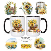 Ceramic Mug Printed 6 Designs Sunflower Group 15oz Capacity Black Inner & Handle *minimum order 6 mugs* (order in increments of 6)