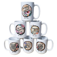 Ceramic Mug Printed 6 Designs OUTDOOR CAMPING Wood Slice with Flowers Group 15oz Capacity *minimum order 6 mugs* (order in increments of 6)