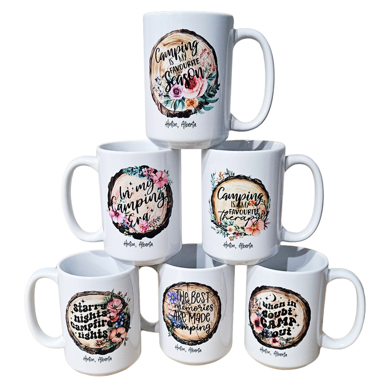 Ceramic Mug Printed 6 Designs OUTDOOR CAMPING Wood Slice with Flowers Group 15oz Capacity *minimum order 6 mugs* (order in increments of 6)