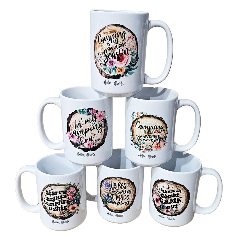 Ceramic Mug Printed 6 Designs OUTDOOR CAMPING Wood Slice with Flowers Group 15oz Capacity *minimum order 6 mugs* (order in increments of 6) - Image 3